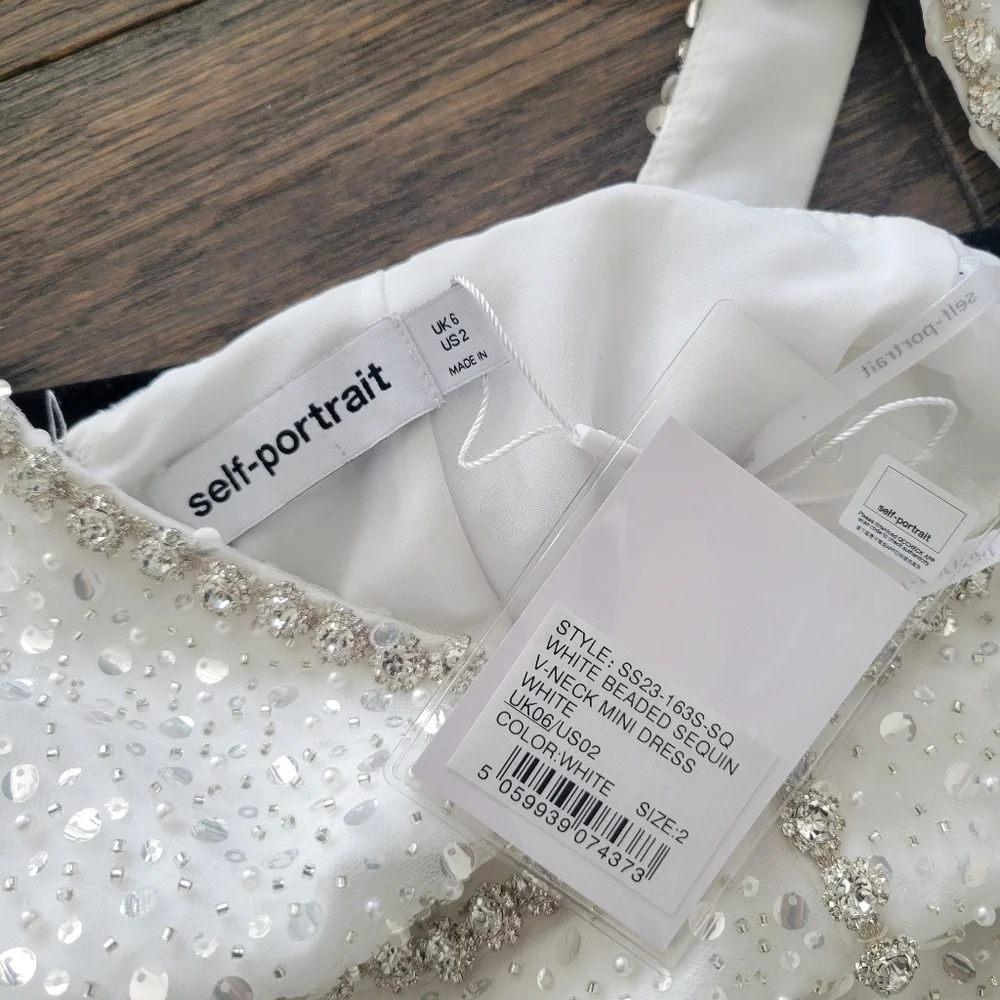 Self Portrait White Beaded Sequin V-neck Mini Dress - Picture 6 of 6